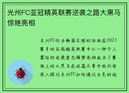 光州FC亚冠精英联赛逆袭之路大黑马惊艳亮相
